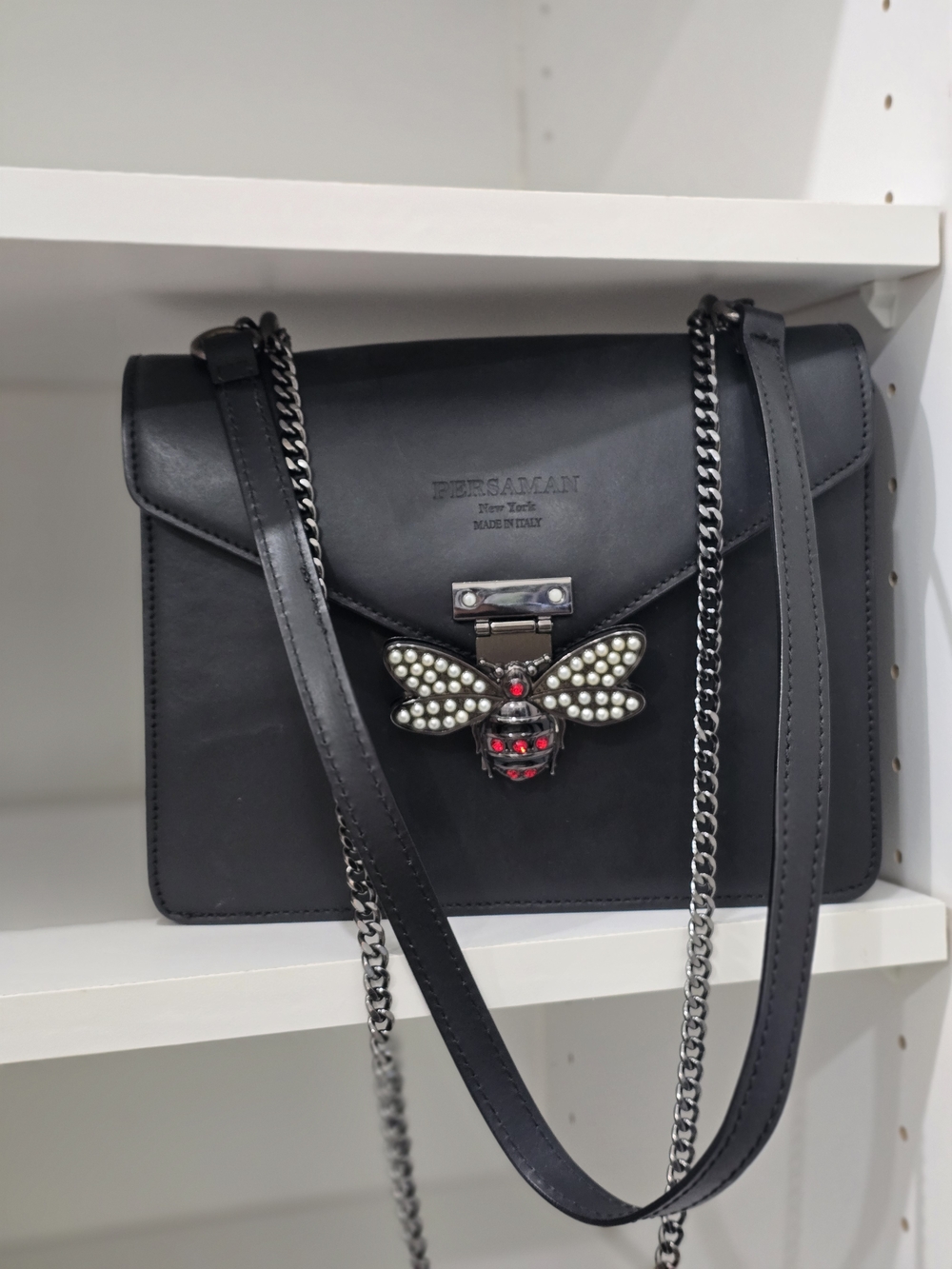 Persaman New York Black Crossbody Bag with Pearl Bee Accent
